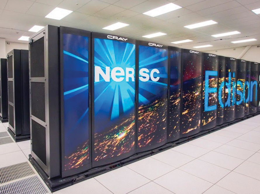 Several banks of a supercomputer fill a large room
