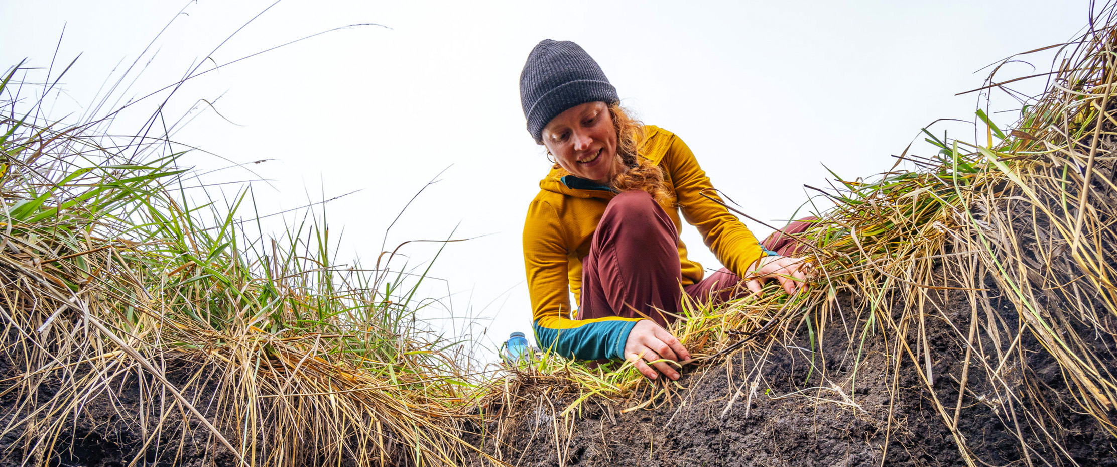 A female scientist peers enthusiastically into a soil pit, with roots and microbes showing in the cutaway dirt