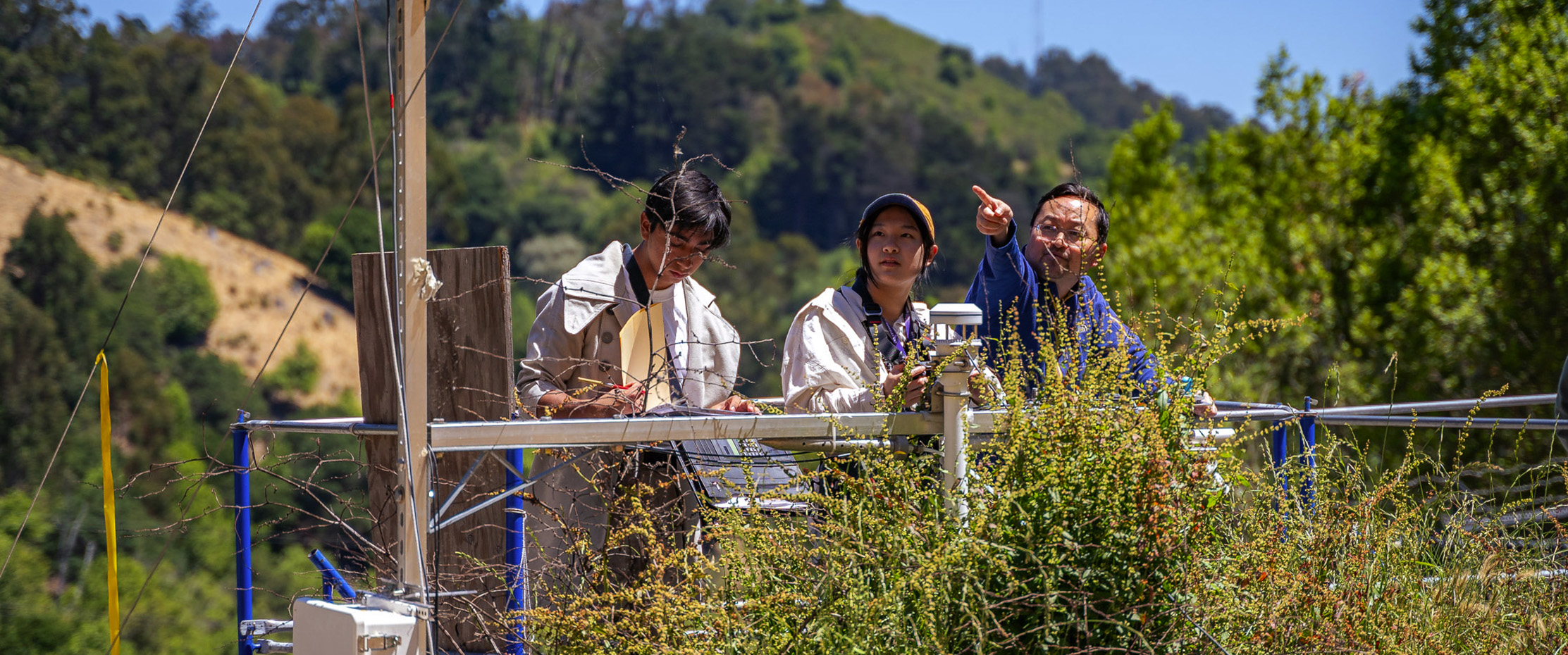 A scientists points at a camera overlooking a test bed full of plants, while two students take notes